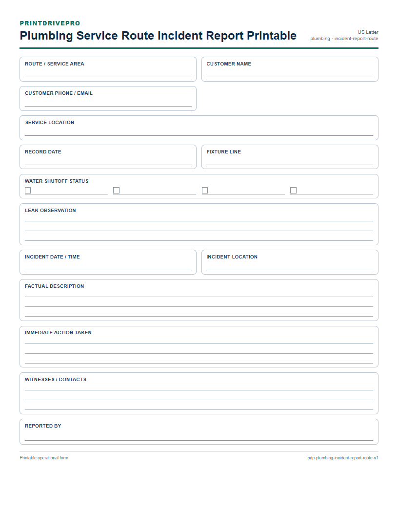 Plumbing Service Route Incident Report Printable preview