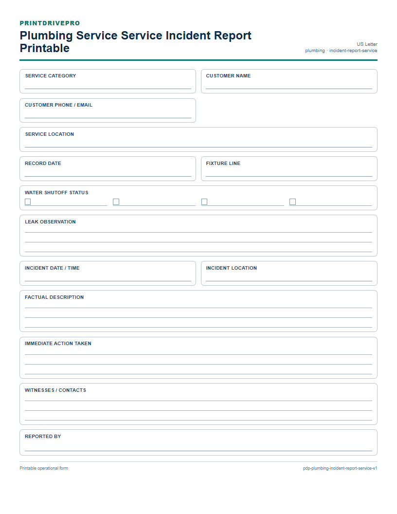 Plumbing Service Service Incident Report Printable preview