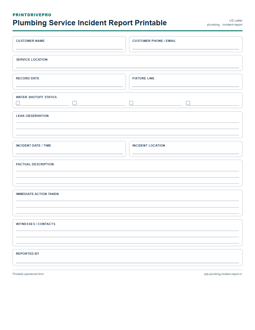 Plumbing Service Incident Report Printable preview