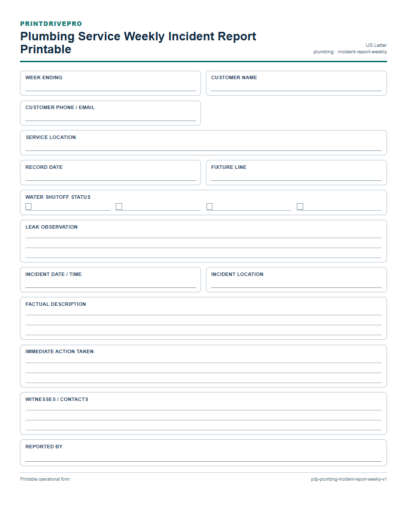 Plumbing Service Weekly Incident Report Printable preview