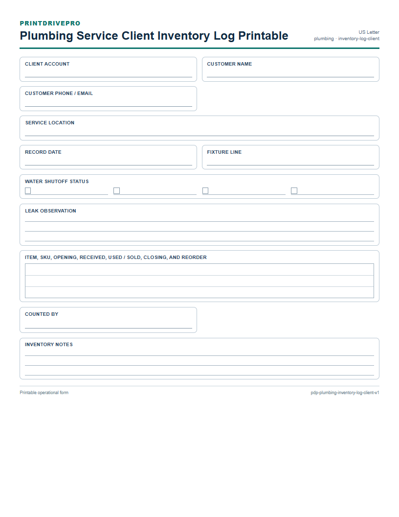 Plumbing Service Client Inventory Log Printable preview