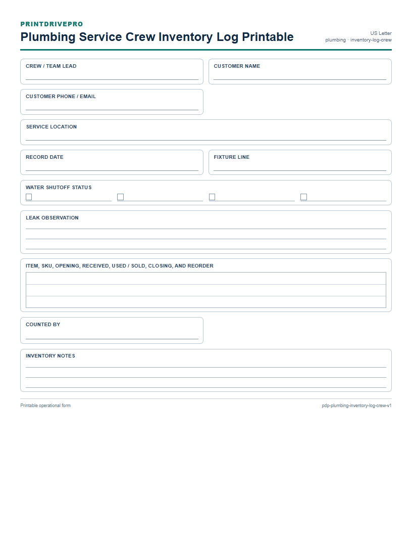 Plumbing Service Crew Inventory Log Printable preview