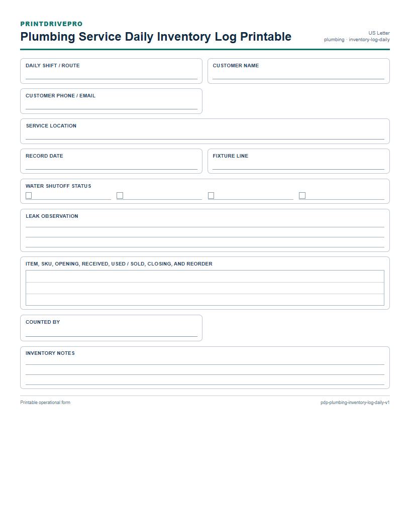 Plumbing Service Daily Inventory Log Printable preview