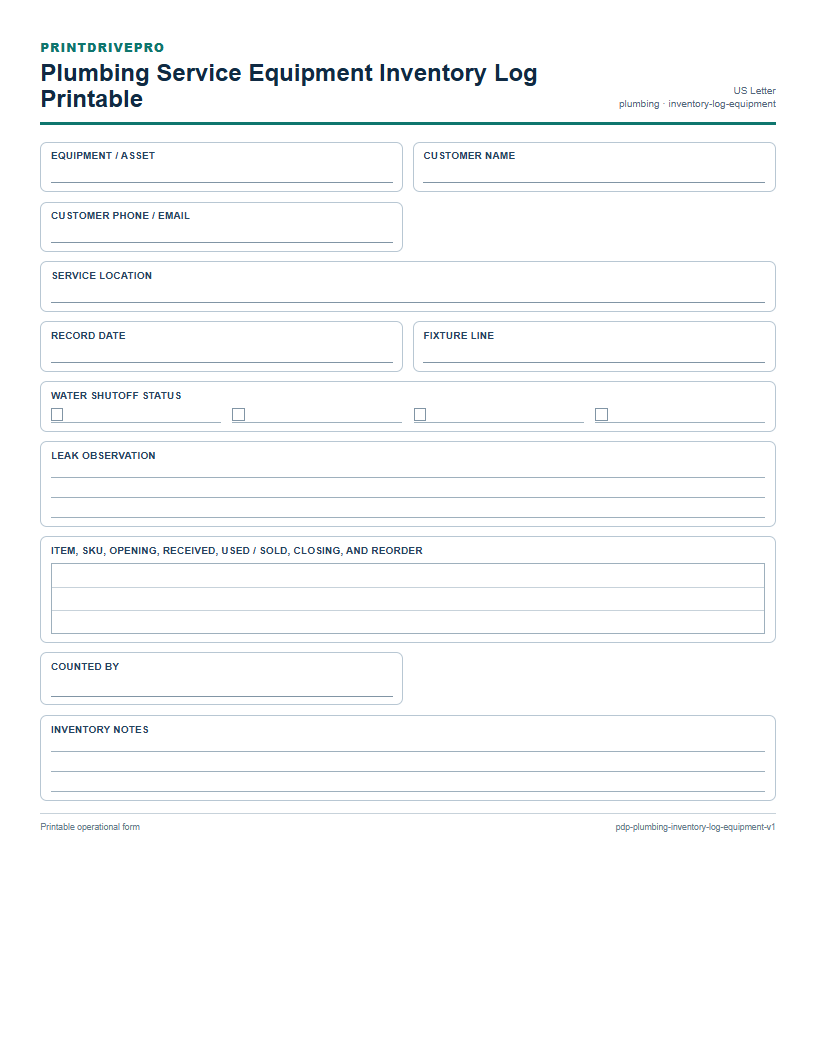 Plumbing Service Equipment Inventory Log Printable preview