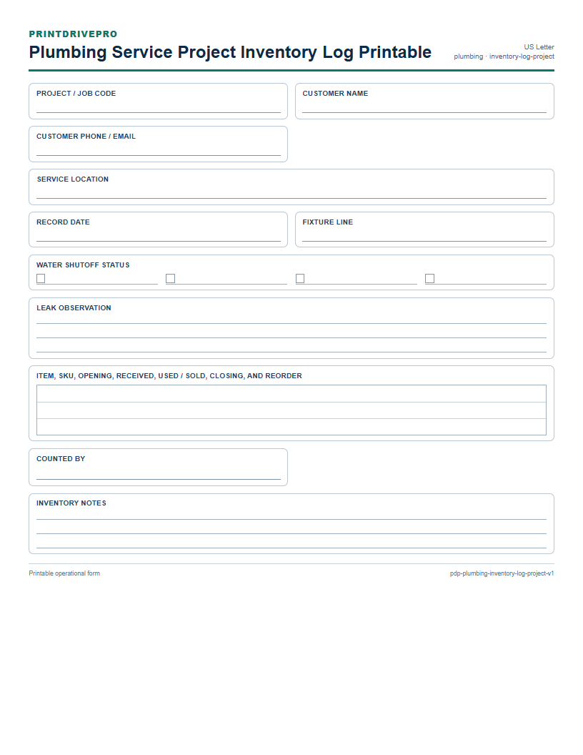 Plumbing Service Project Inventory Log Printable preview