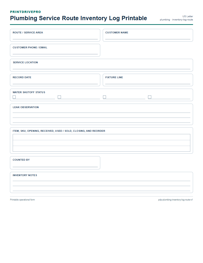 Plumbing Service Route Inventory Log Printable preview