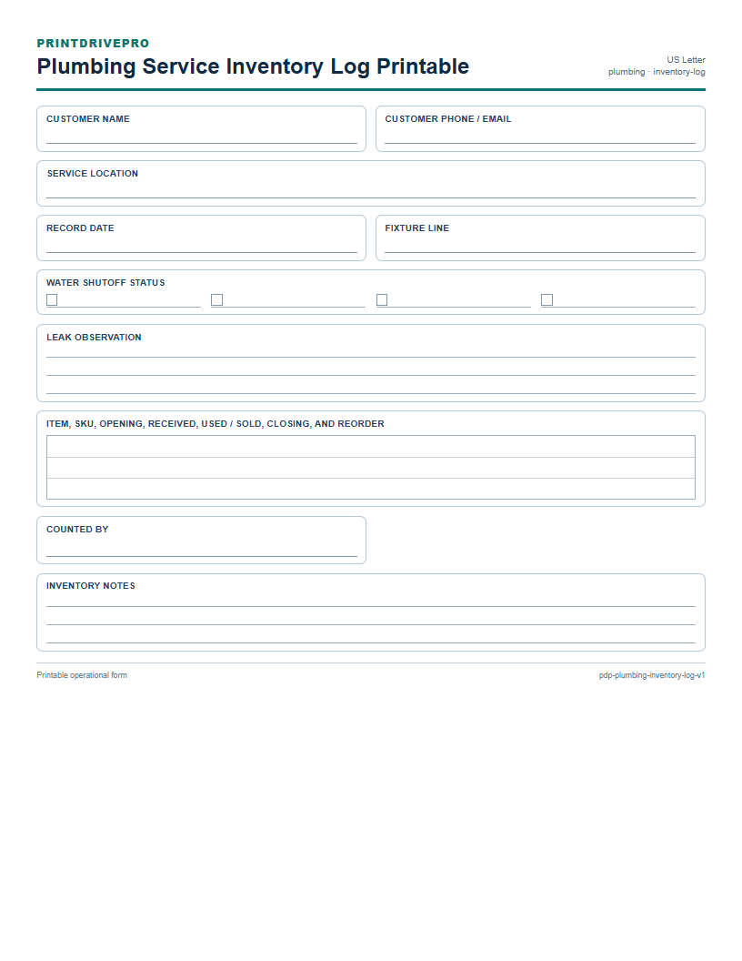Plumbing Service Inventory Log Printable preview