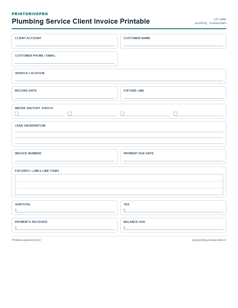 Plumbing Service Client Invoice Printable preview