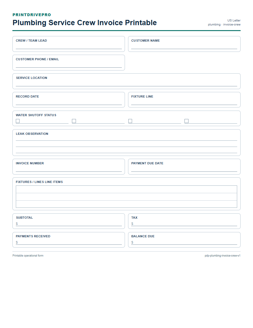 Plumbing Service Crew Invoice Printable preview