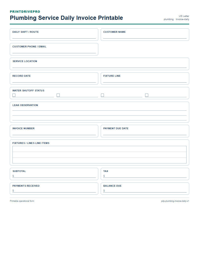 Plumbing Service Daily Invoice Printable preview