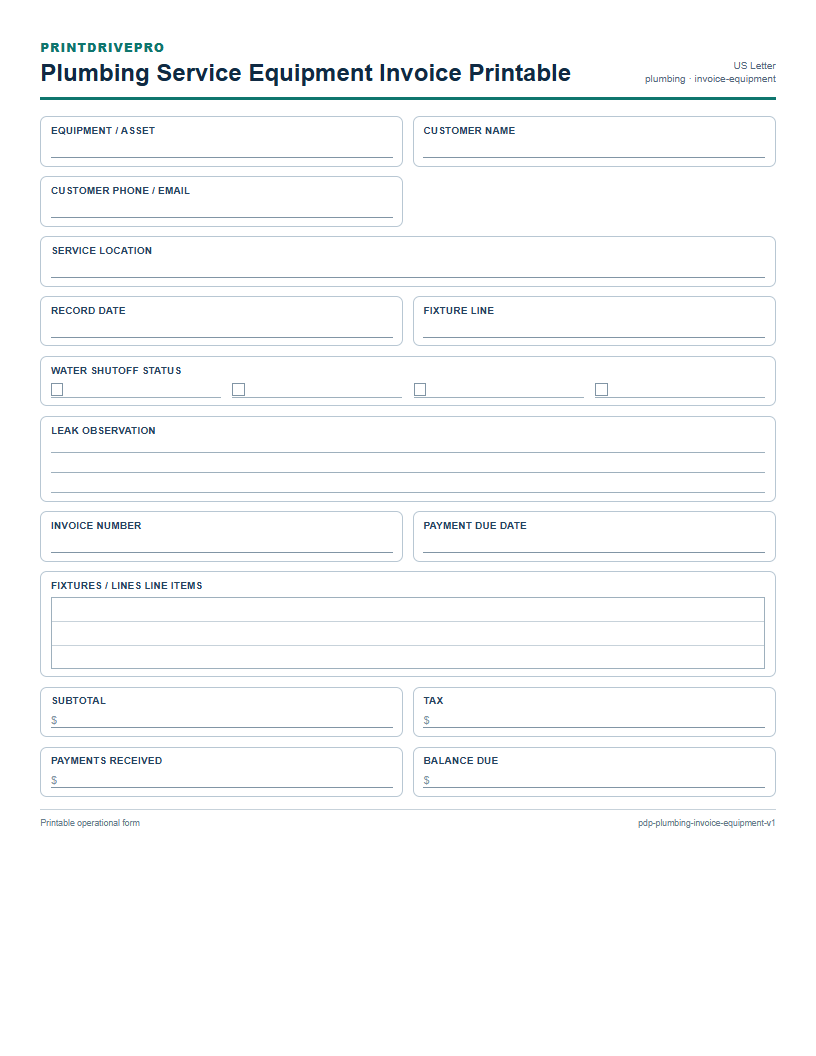 Plumbing Service Equipment Invoice Printable preview
