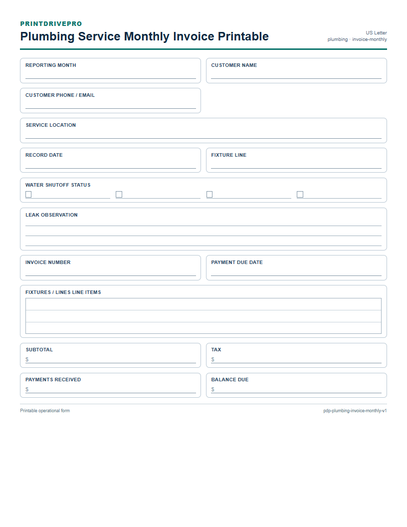 Plumbing Service Monthly Invoice Printable preview