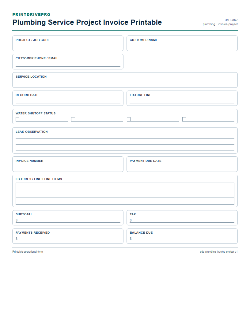 Plumbing Service Project Invoice Printable preview