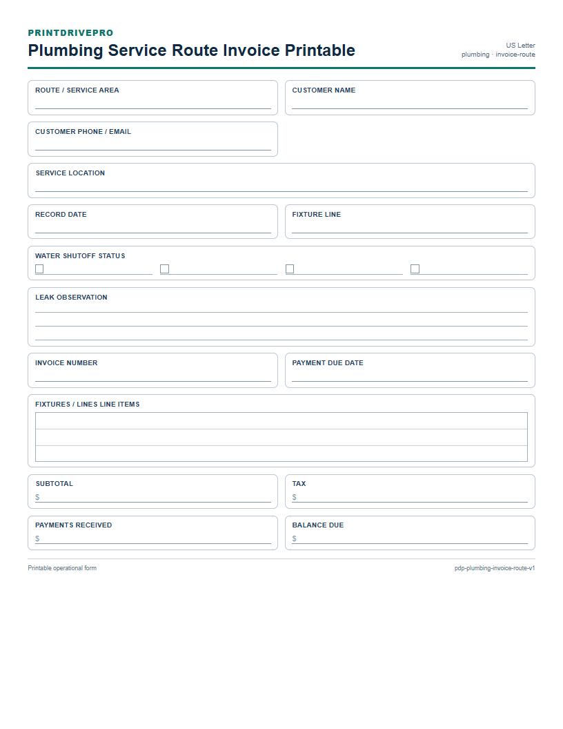 Plumbing Service Route Invoice Printable preview