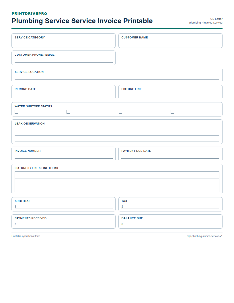 Plumbing Service Service Invoice Printable preview