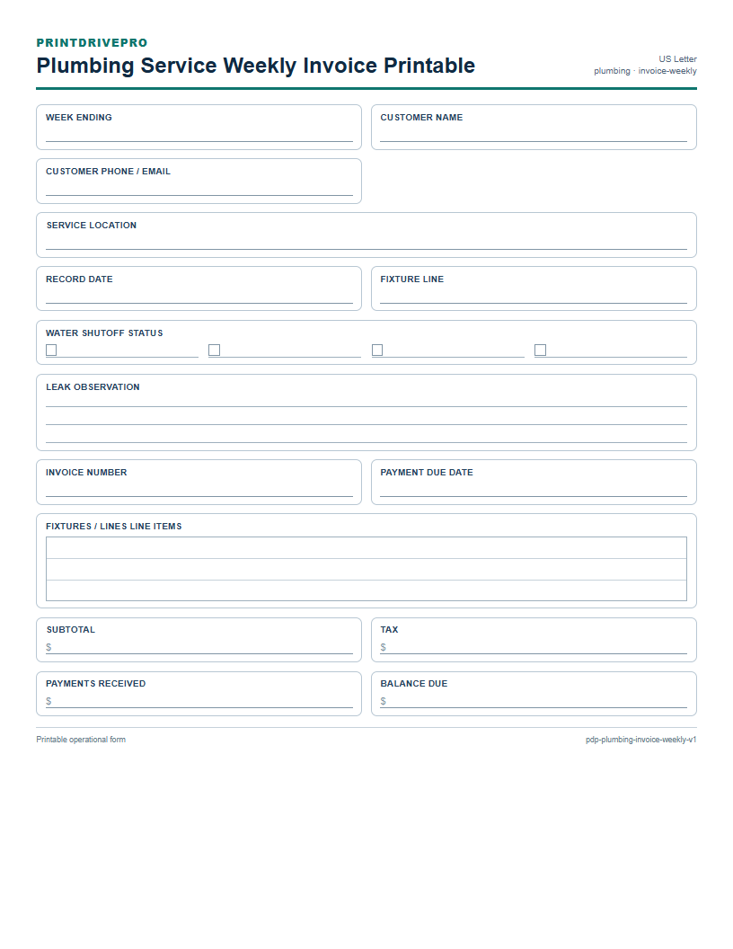 Plumbing Service Weekly Invoice Printable preview