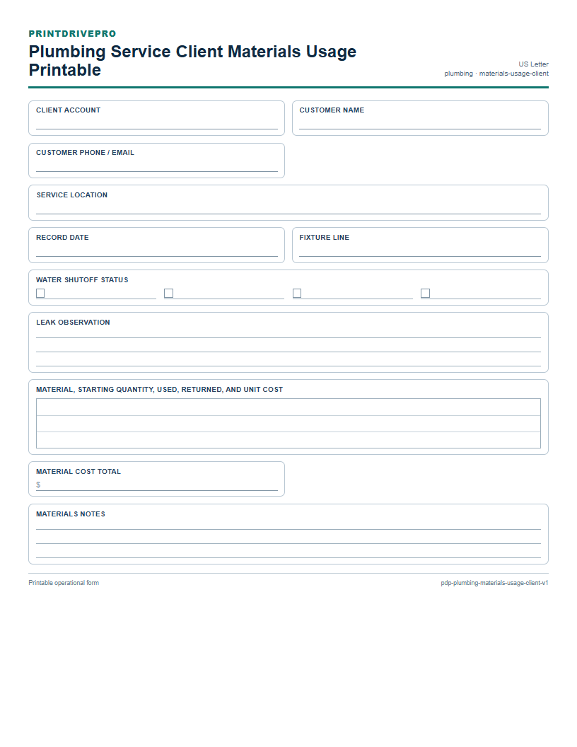 Plumbing Service Client Materials Usage Printable preview