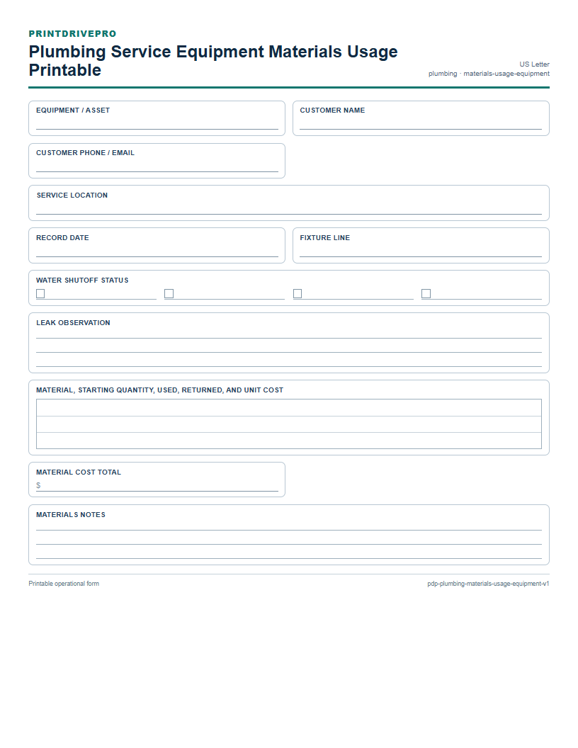 Plumbing Service Equipment Materials Usage Printable preview
