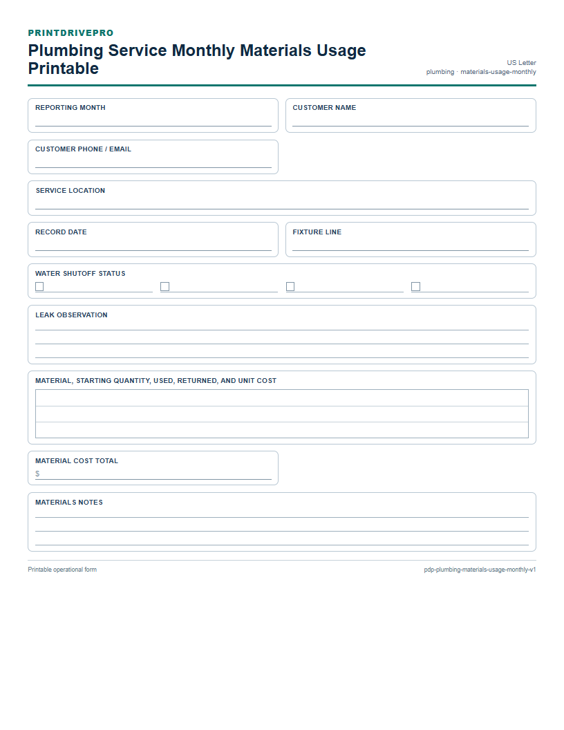 Plumbing Service Monthly Materials Usage Printable preview