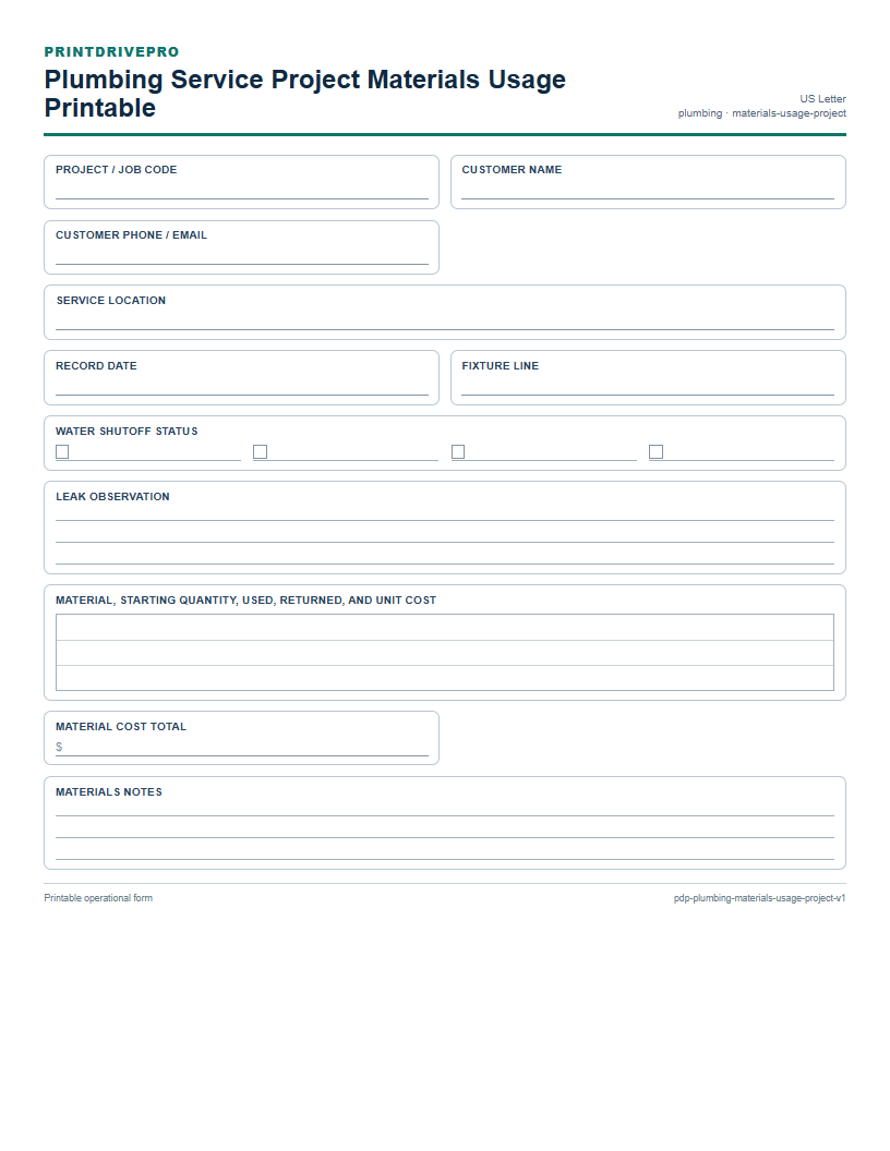 Plumbing Service Project Materials Usage Printable preview