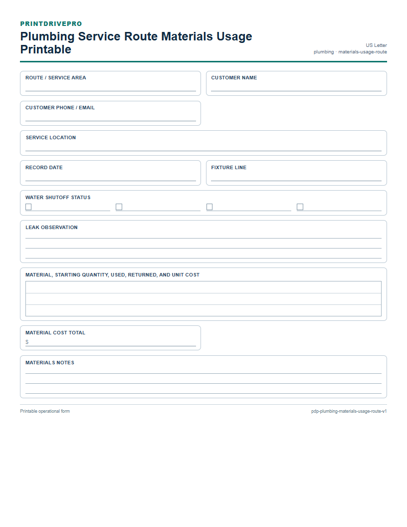 Plumbing Service Route Materials Usage Printable preview