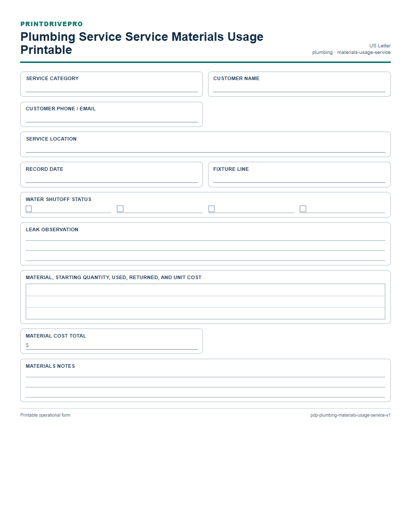 Plumbing Service Service Materials Usage Printable preview