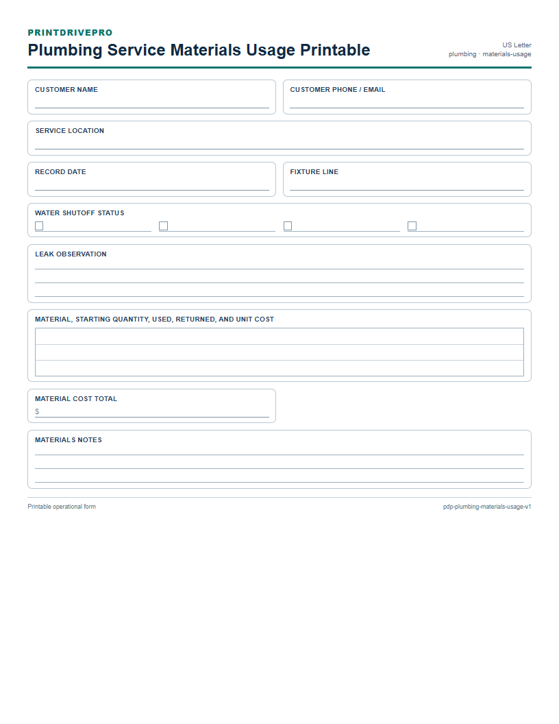 Plumbing Service Materials Usage Printable preview