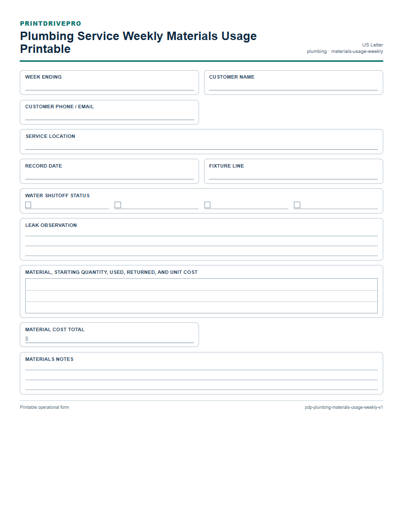 Plumbing Service Weekly Materials Usage Printable preview