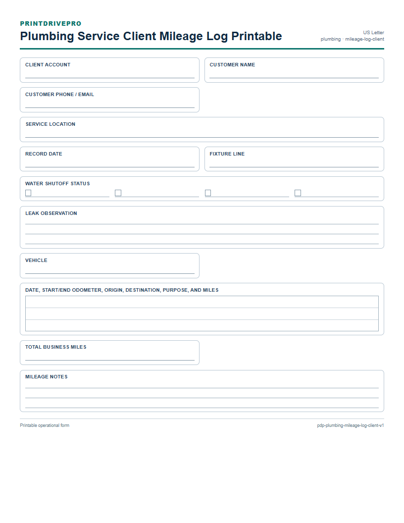 Plumbing Service Client Mileage Log Printable preview