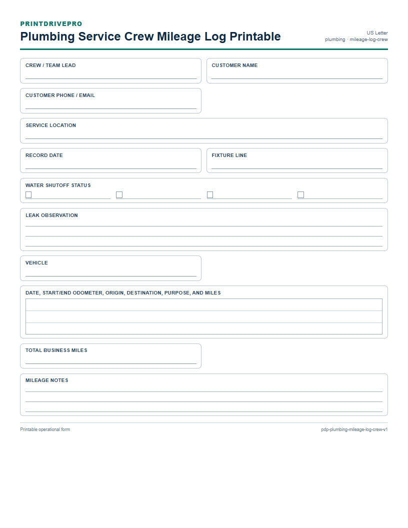 Plumbing Service Crew Mileage Log Printable preview