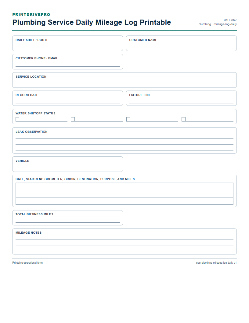 Plumbing Service Daily Mileage Log Printable preview