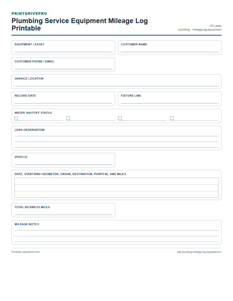 Plumbing Service Equipment Mileage Log Printable preview