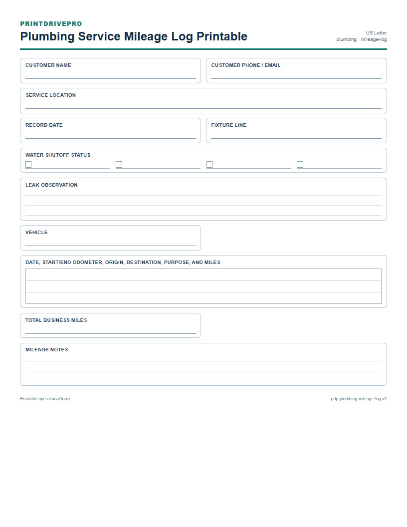 Plumbing Service Mileage Log Printable preview