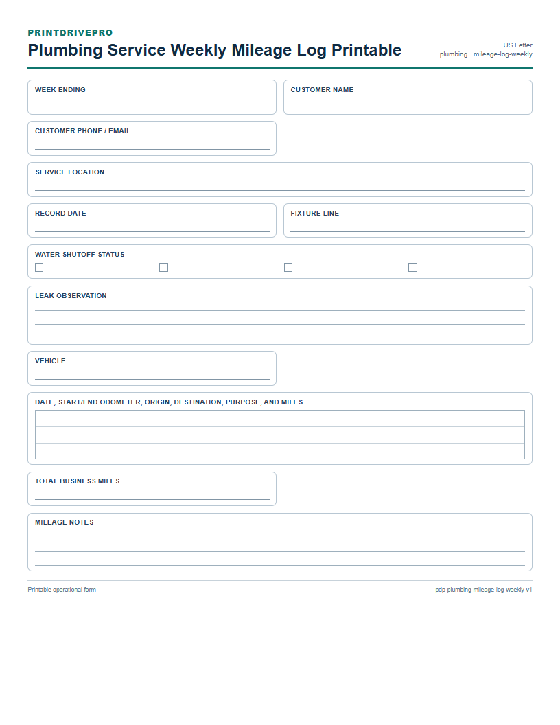 Plumbing Service Weekly Mileage Log Printable preview
