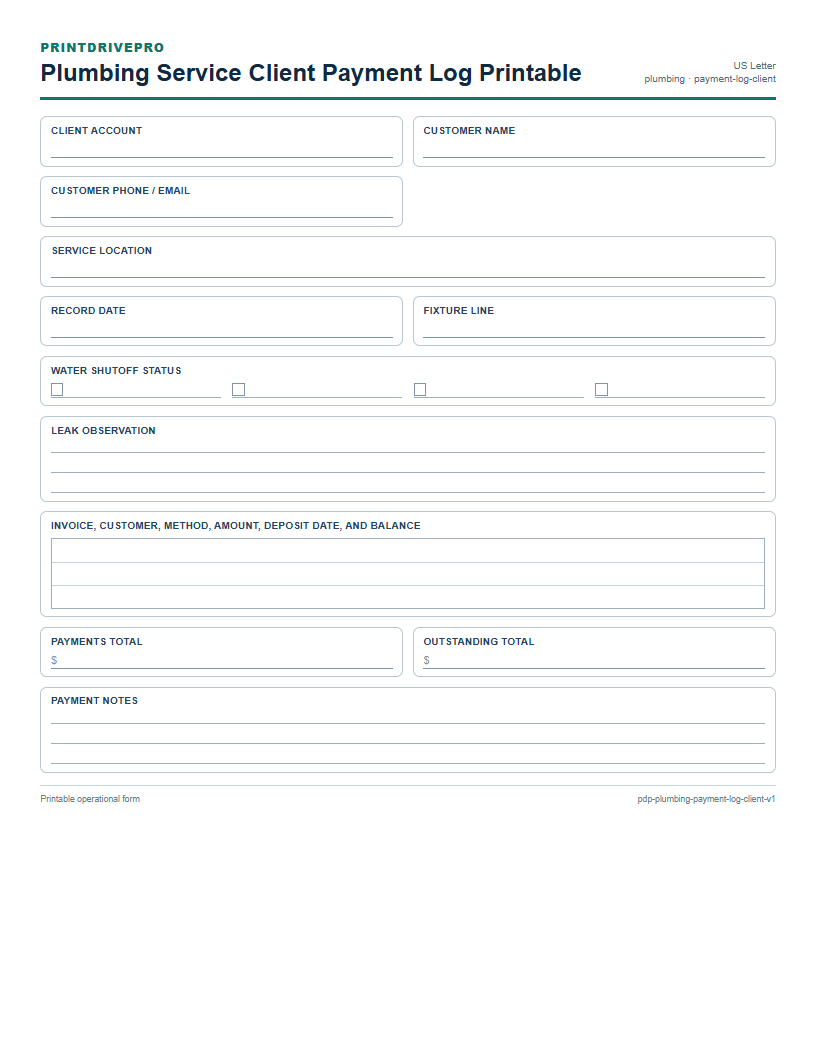 Plumbing Service Client Payment Log Printable preview
