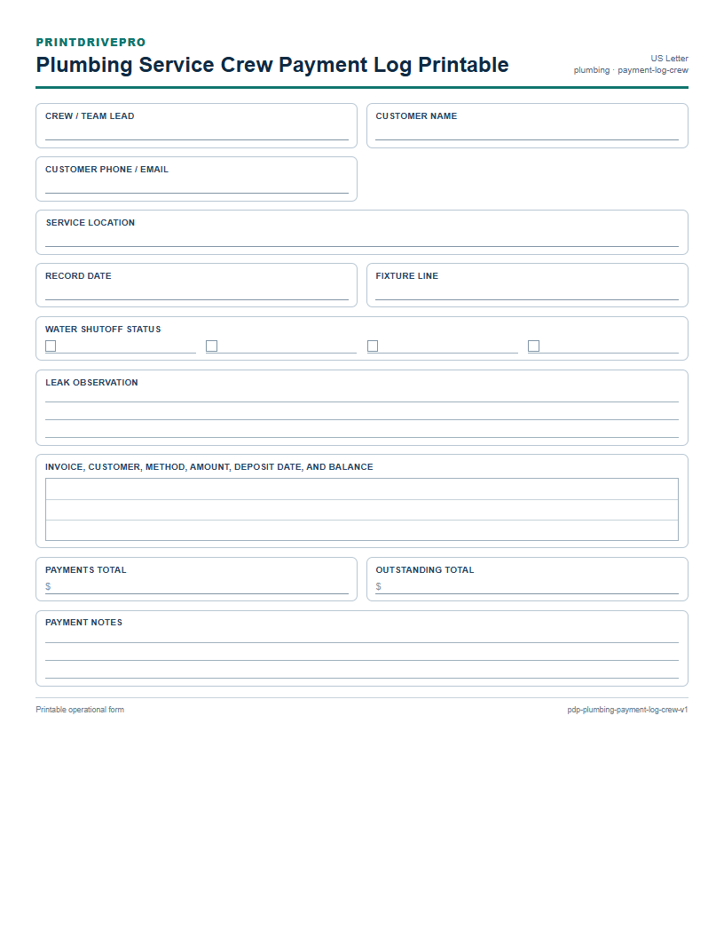 Plumbing Service Crew Payment Log Printable preview