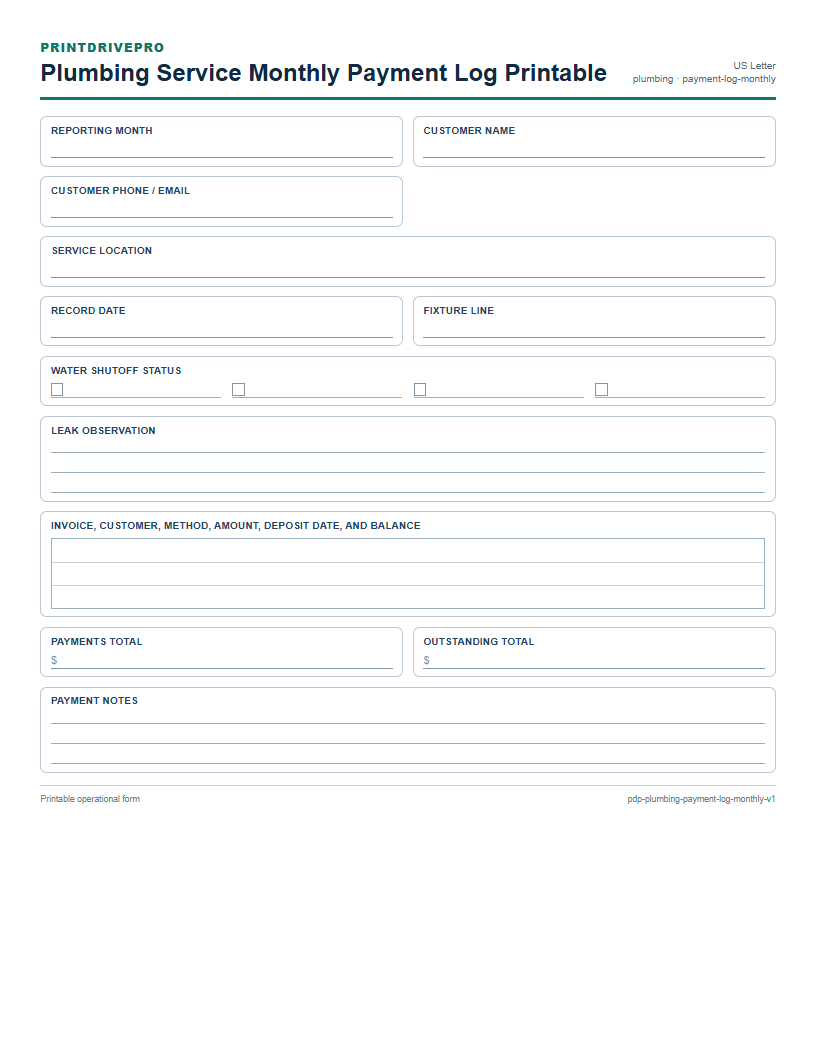 Plumbing Service Monthly Payment Log Printable preview