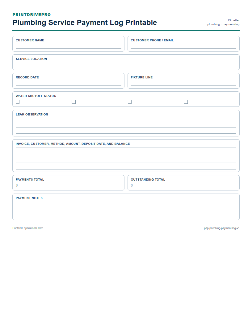 Plumbing Service Payment Log Printable preview