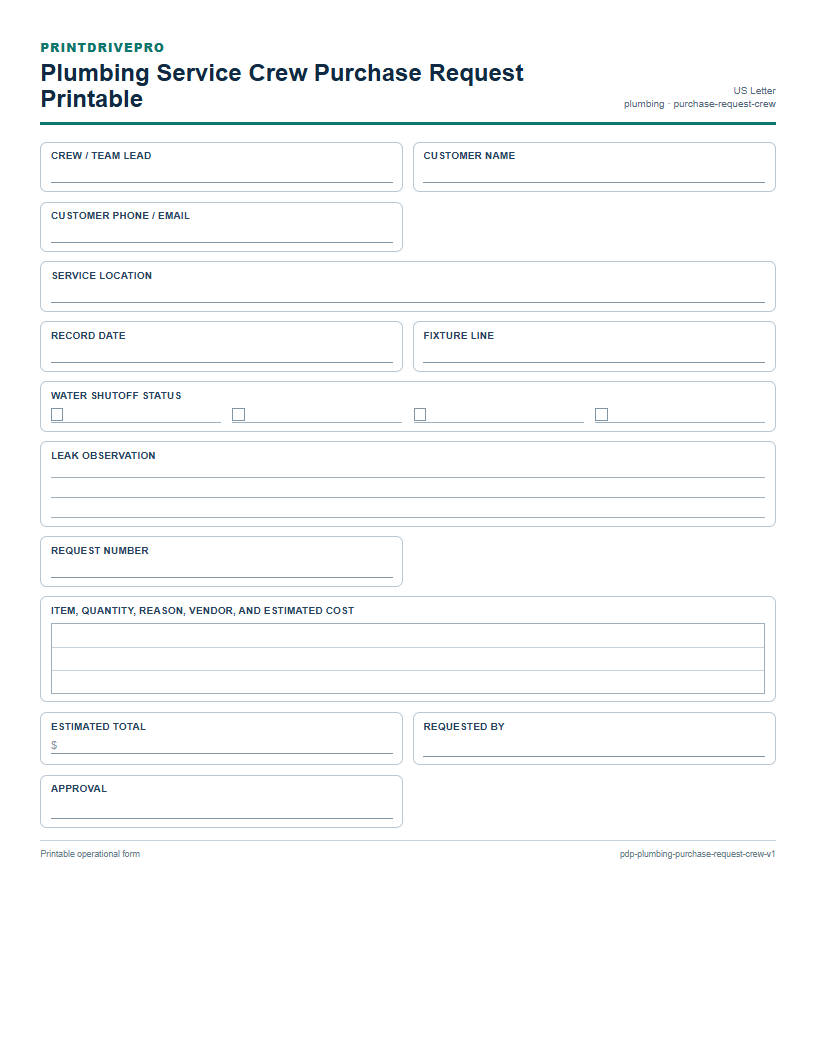 Plumbing Service Crew Purchase Request Printable preview