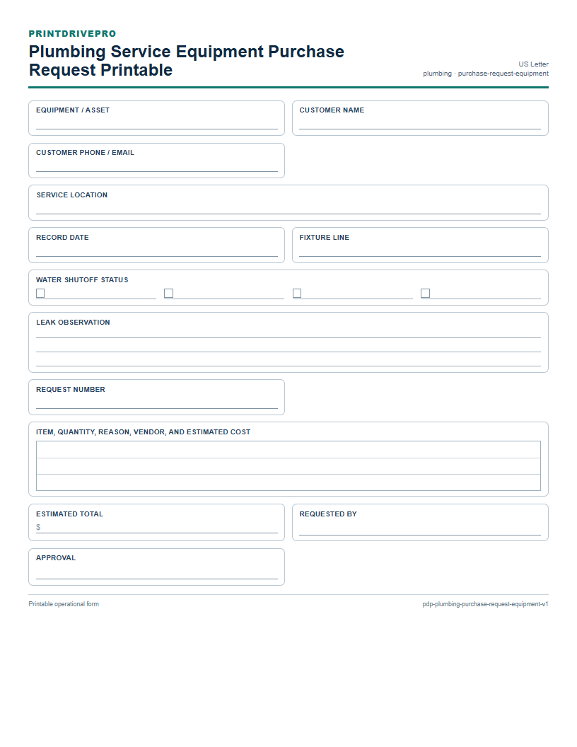 Plumbing Service Equipment Purchase Request Printable preview