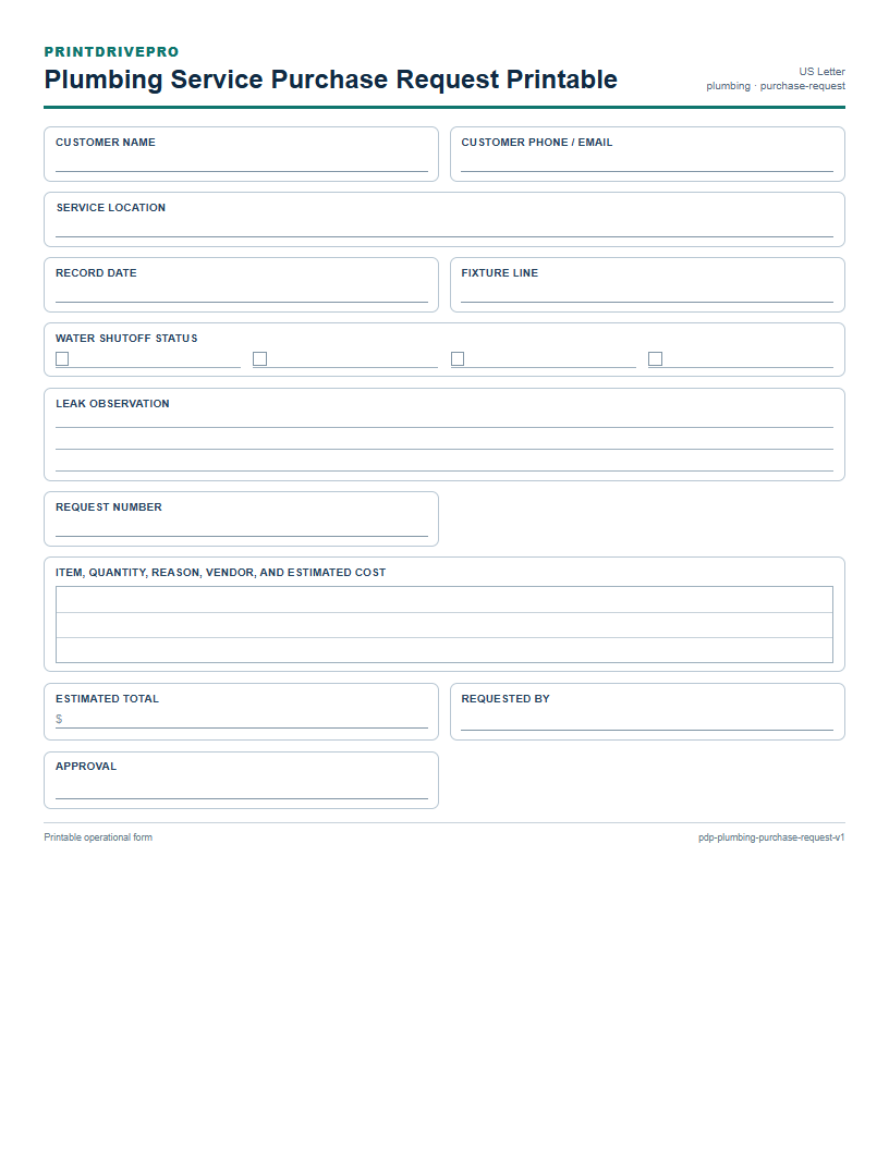Plumbing Service Purchase Request Printable preview