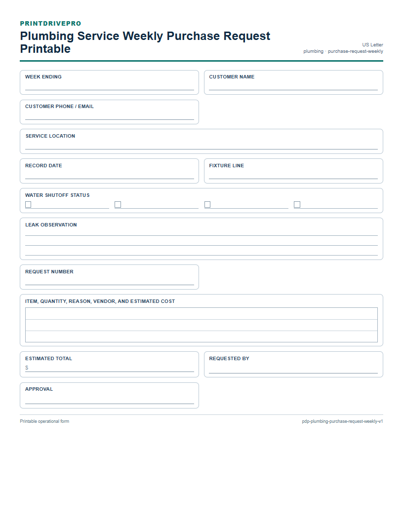 Plumbing Service Weekly Purchase Request Printable preview