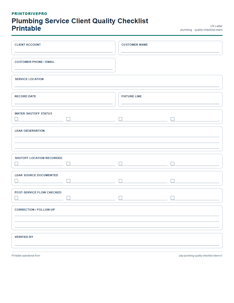 Plumbing Service Client Quality Checklist Printable preview