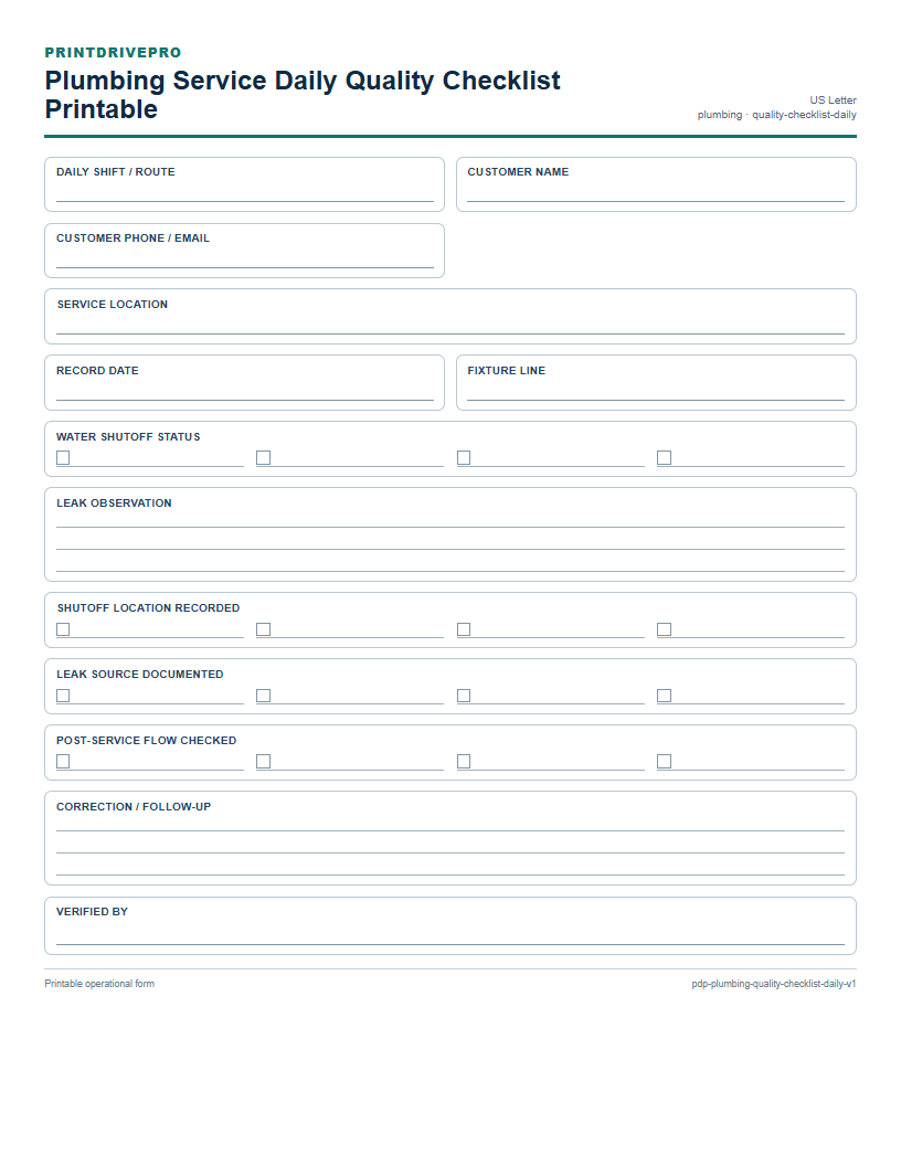 Plumbing Service Daily Quality Checklist Printable preview