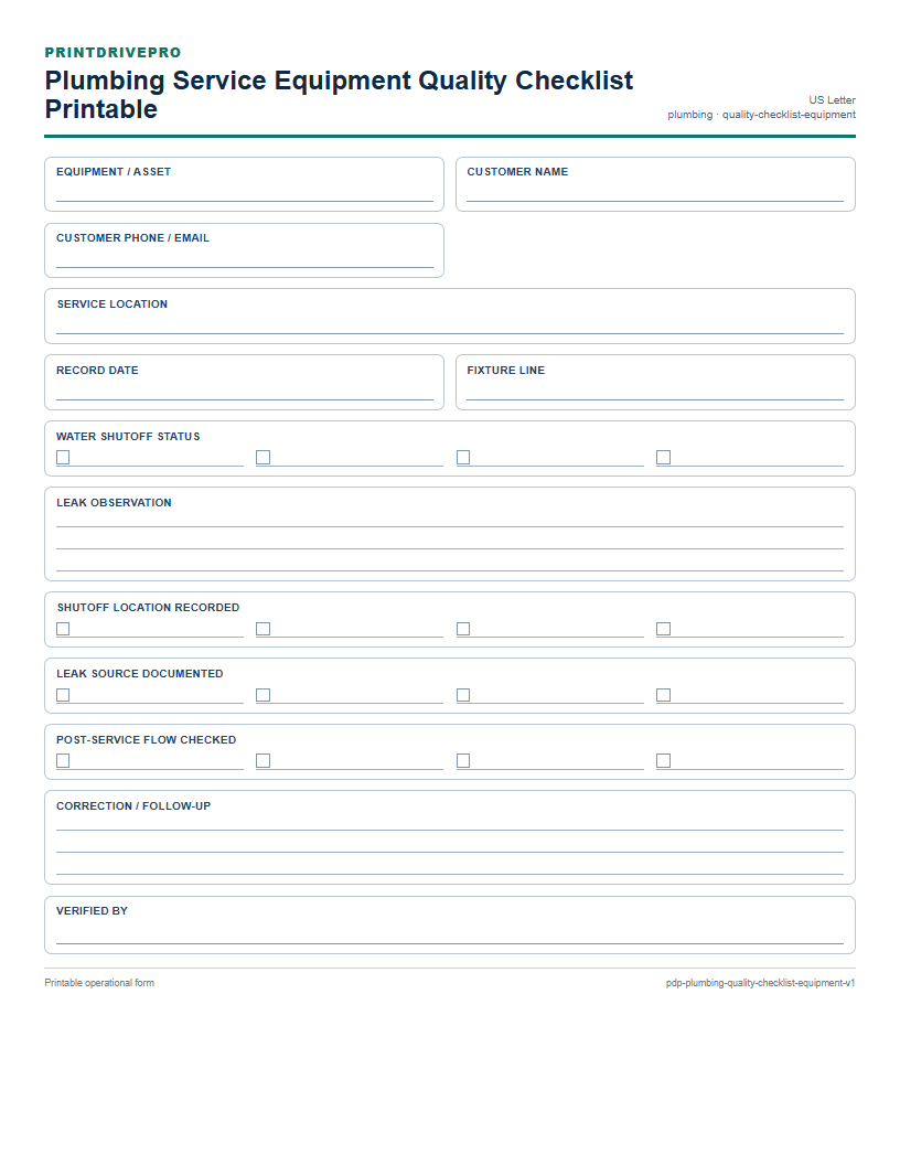 Plumbing Service Equipment Quality Checklist Printable preview