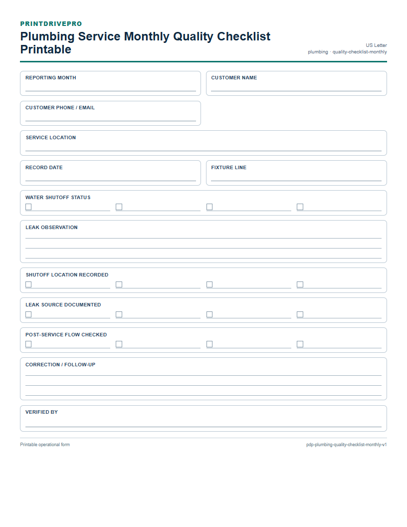 Plumbing Service Monthly Quality Checklist Printable preview