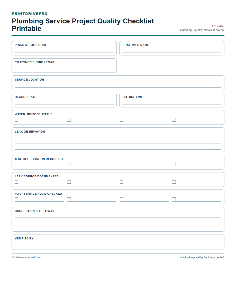 Plumbing Service Project Quality Checklist Printable preview