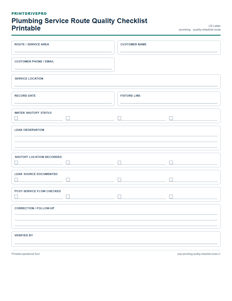 Plumbing Service Route Quality Checklist Printable preview