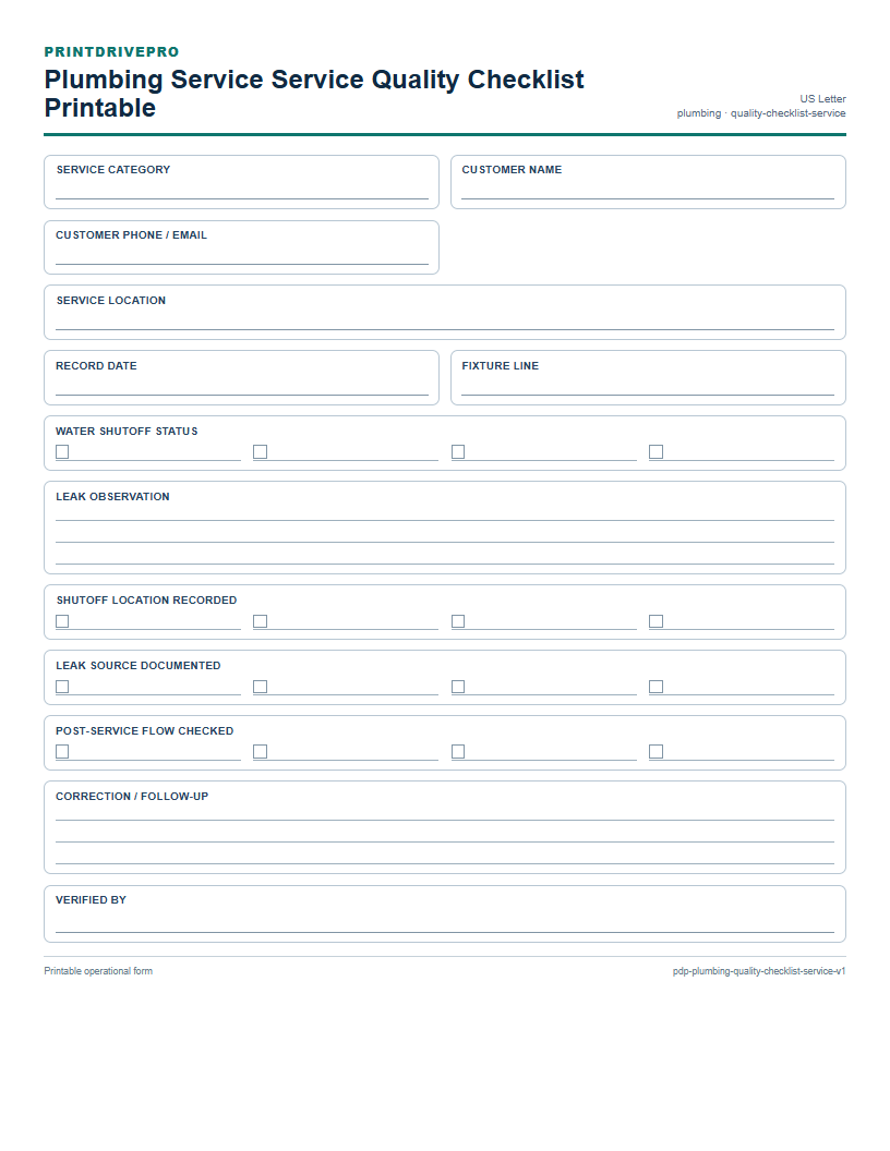 Plumbing Service Service Quality Checklist Printable preview