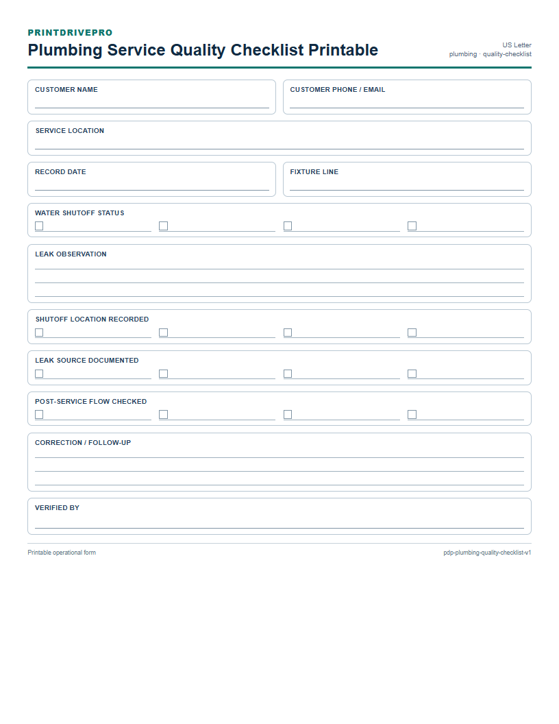 Plumbing Service Quality Checklist Printable preview